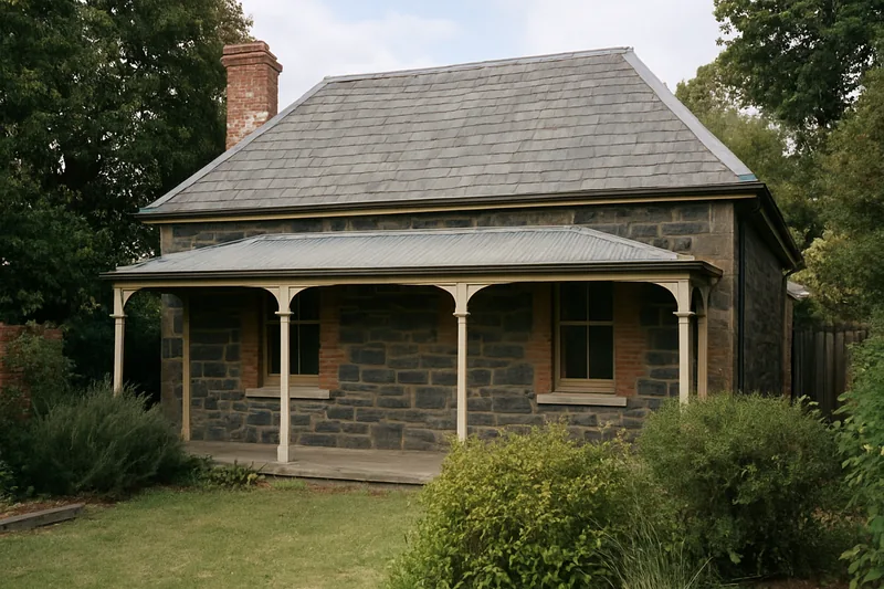 A small bluestone cottage with a steep slate roof, a verandah and a brick chimney — heritage slate roofs, Adelaide. Illustrative example.