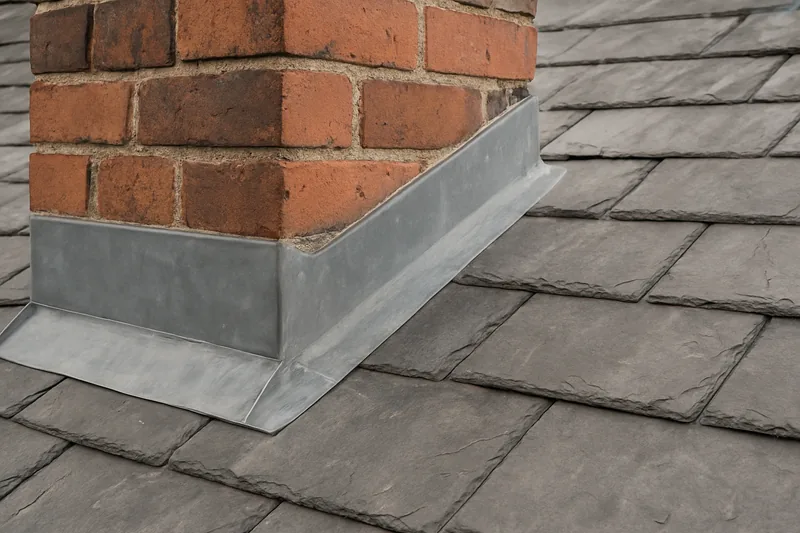 Grey metal flashing around the base of a brick chimney on a slate slope — flashings and valleys, Adelaide. Illustrative example.
