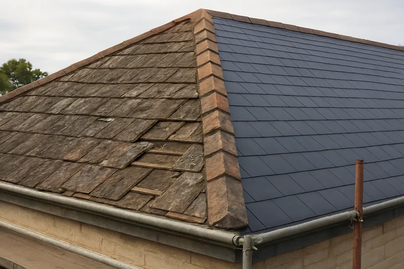 A hipped roof half re-slated, new dark slate beside weathered brown-grey slate — slate roof replacement, Adelaide. Illustrative example.