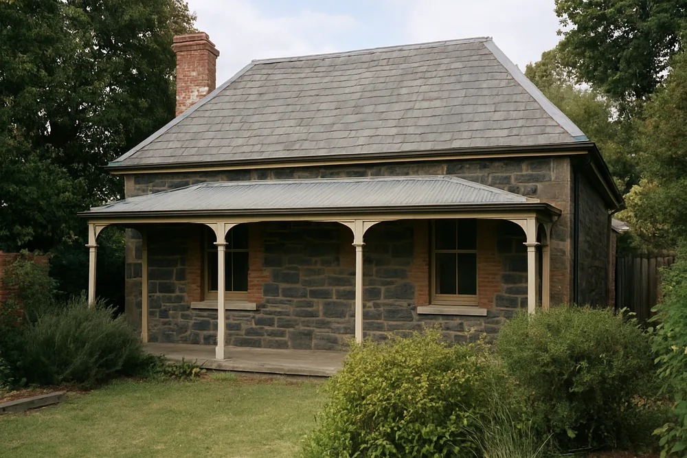 A small bluestone cottage with a steep slate roof, a verandah and a brick chimney — heritage slate roofs, Adelaide. Illustrative example.