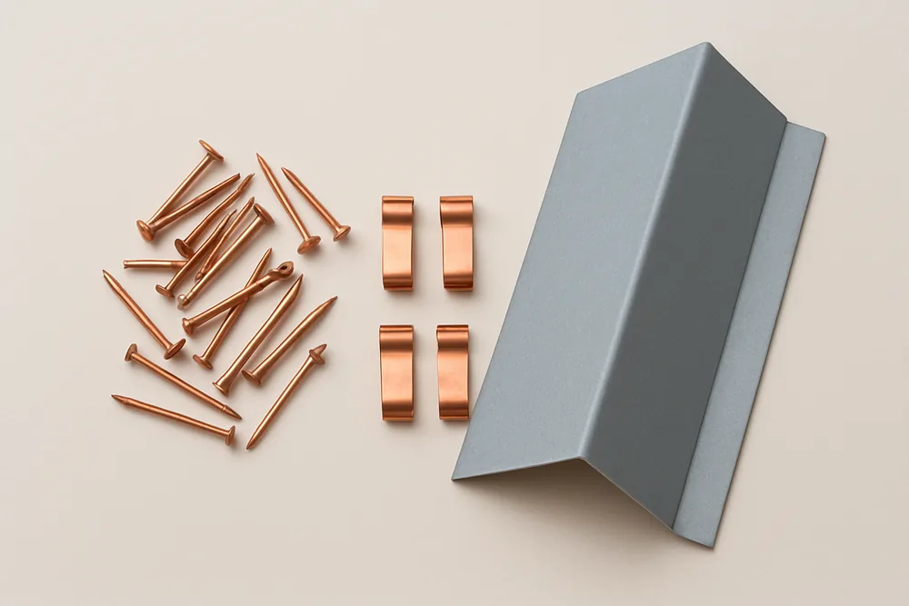 Copper nails, clips and a folded flashing strip laid flat on a bench — slate roofing, Adelaide. Illustrative example.