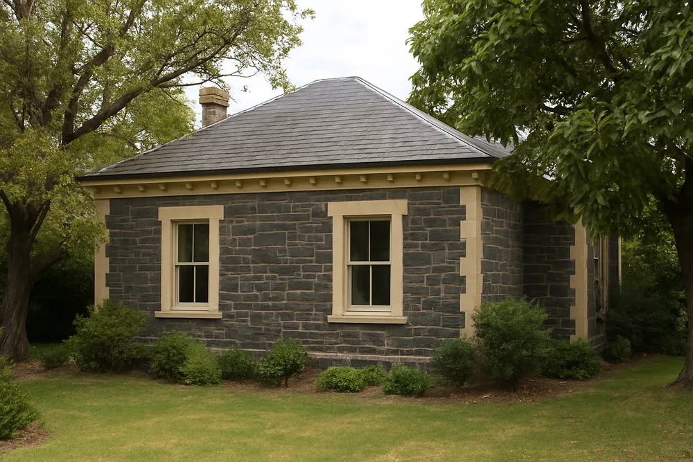 A bluestone house with a hipped slate roof and a cornice at the eaves — slate roofing, Adelaide. Illustrative example.