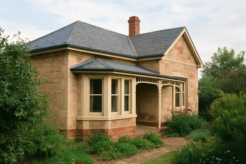 An early villa with a slate roof, a bay window and a verandah — slate roofing, Adelaide. Illustrative example.