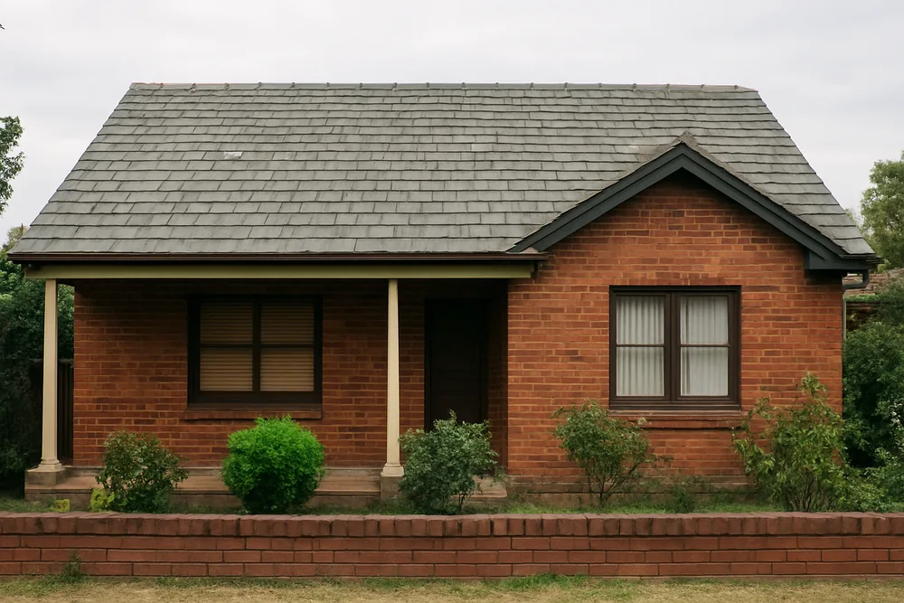 A gabled slate roof on a single-storey brick house with a small garden — slate roofing, Adelaide. Illustrative example.