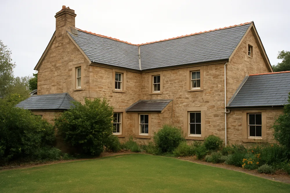 A large masonry house with a slate roof capped with terracotta ridge tiling — slate roofing, Adelaide. Illustrative example.