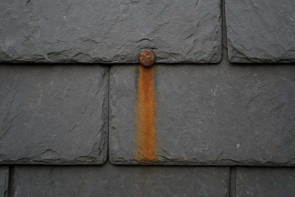 Grey-black slates with a rust-brown streak running down from a corroded nail head — slate roof repairs, Adelaide. Illustrative example.