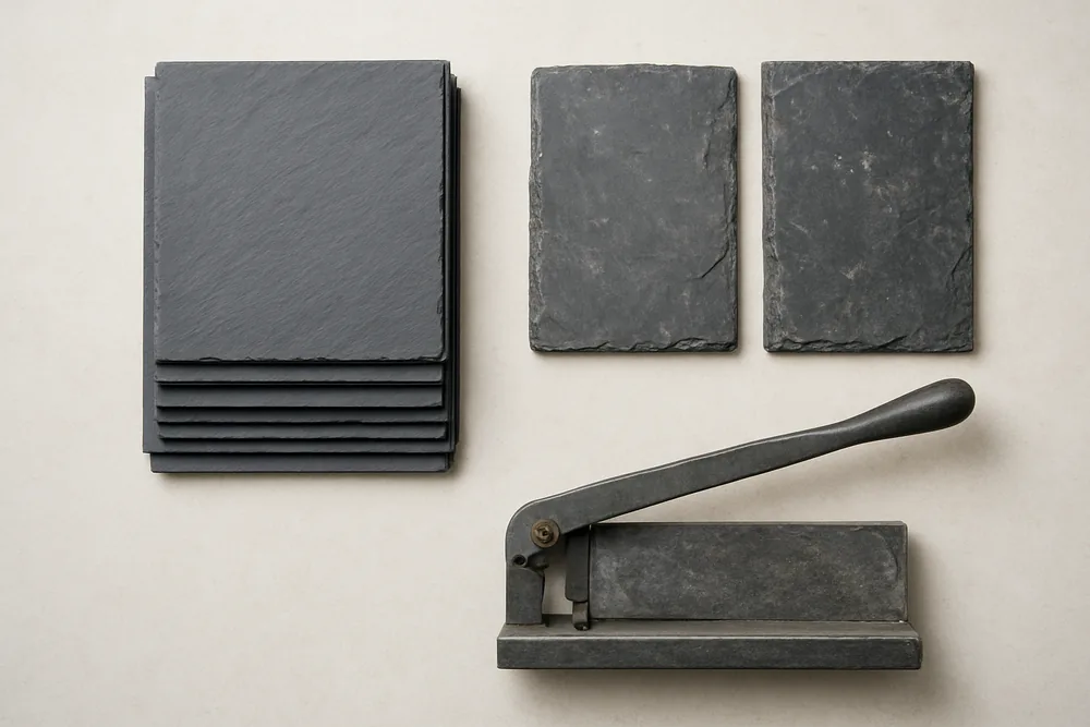 New slates with cut edges beside weathered slates and a slate cutter laid flat — slate roof replacement, Adelaide. Illustrative example.
