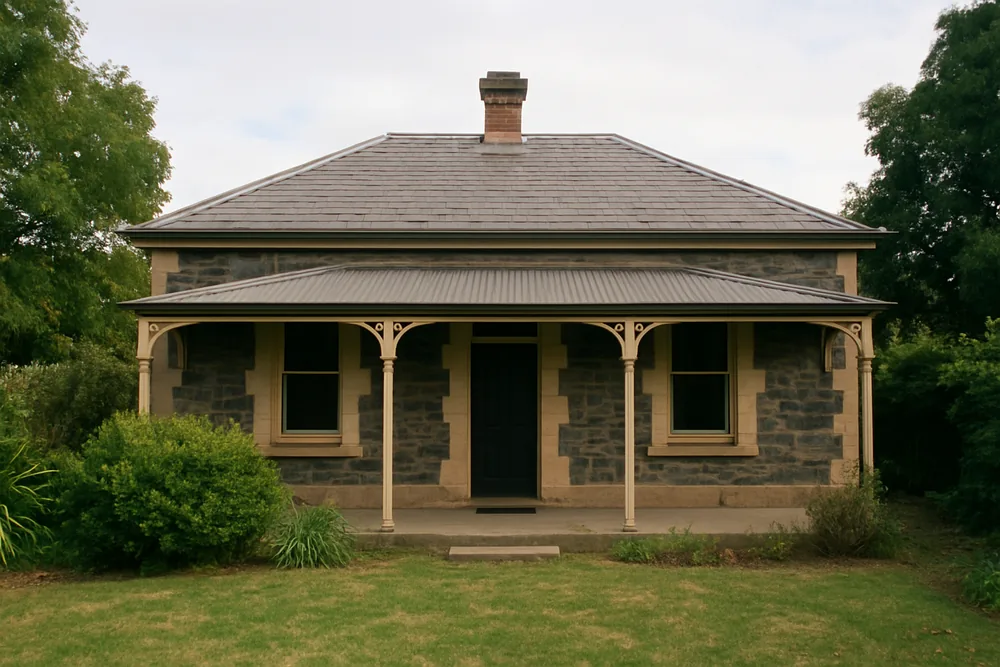 A single-storey bluestone cottage with a hipped slate roof and a concave verandah — slate roofing, Adelaide. Illustrative example.