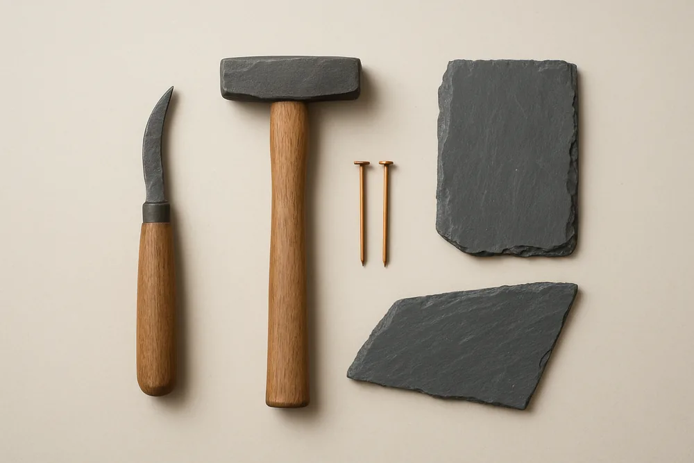 A hooked slate tool, a hammer, copper nails and slate pieces laid flat on a bench — slate roofing, Adelaide. Illustrative example.